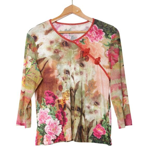 Floral Chinese Tang Style Blouse Y2K Asian Top Frog Button Neckline 34 Sleeves - Picture 2 of 10